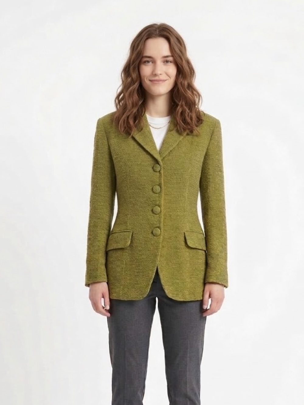 Vintage Chartreuse Wool Blend Blazer Textured Velvet Maximalist Earthy Mossy